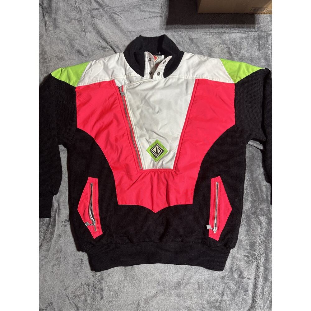 Vintage 80s 90s Sun Valley Ski Pullover Wool Half Zip Neon Colorblock Retro L